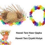 Hawaii Tarzı Set - Tropikal Çiçekli Hasır Şapka ve Çiçekli Hawaii Kolye