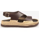 Hawen Angels Kadın Hasır Örgü 3cm Kauçuk Tabanlı Deri Sandalet 4003 - Kahve