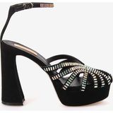 Hawen Angels Kadın Kösele Taban Süet 12,5cm Taşlı Platform Topuklu Ayakkabı 380-68 - Siyah - Süet