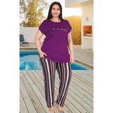Hayal Sepeti Mor Kısa Kollu Cepli Çizgili Büyük Beden Kadın Pijama Takımı 10778