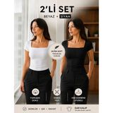 Hayalet 2'li Set Kadın Kare Yaka Basic T-Shirt – Fitted / Dar Kalıp Premium Bluz (Göğüs Astarlı) - Beyaz - Siyah