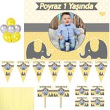 Hayaller Dükkanı Sarı Gri Fil Temalı Konsept 1-2-3 Yaş Doğum Günü Süsleri, Süsleme ve Magnet Seti
