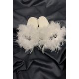 Hayalperest boncuk Beyaz Tüylü Bride Gelin Terliği
