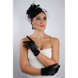 Hayalperest boncuk Elegan Siyah Saten Tül Uzun Gelin Eldiveni ve Göz Alıcı Düğün Nikah Fascinator Seti