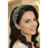 Hayalperest boncuk Kristal Taşlı Çiçekli Gelin Tacı Kına Ve Nişan Saç Aksesuarı- Haki