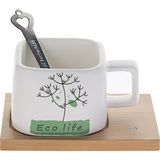 Hayat Ağacı Desenli Mıknatıslı Bambu Stantlı Gerçek Seramik Kahve Kupası Fincan Seti Kupa Mug 200 ml - Beyaz