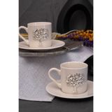 Hayat Ağacı Platin Gümüş Kabartma Motif 4 Parça 2 Kişilik Kahve Fincan Takımı 100 Ml DRN04FT01Y01ZH200