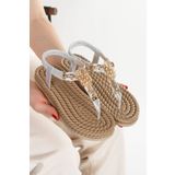 HAYAT SHOES Hasır Parmak Arası Ananas Tokalı Arkası Lastikli Gümüş Renkli Günlük Rahat Şık Kadın Sandalet