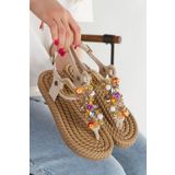 HAYAT SHOES Hasır Parmak Arası Dikme Taş Renkli Boncuklu Şık Krem Rengi Halat İpli Kadın Sandalet