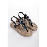 HAYAT SHOES Hasır Parmak Arası Dikme Taş Renkli Boncuklu Şık Siyah Rengi Halat İpli Kadın Sandalet