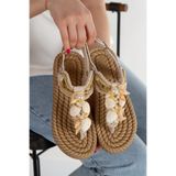 HAYAT SHOES Hasır Parmak Arası Dikme Taşlı Deniz kabuklu İncili Bej Kadın Sandalet