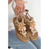 HAYAT SHOES Hasır Parmak Arası Dikme Taşlı Deniz Kabuklu Ten Rengi Kadın Halat İpli Sandalet