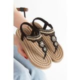HAYAT SHOES Hasır Parmak Arası El Örmeli Dikme Taş Tokalı Arpa Desenli Siyah Şık Kadın Sandalet