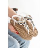 HAYAT SHOES Hasır Parmak Arası El Örmeli Dikme Taşlı Arpalı Beyaz Günlük Rahat Şık Kadın Sandalet