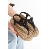 HAYAT SHOES Hasır Parmak Arası El Örmeli Dikme Taşlı Salkımlı Siyah Şık Kadın Sandalet