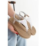 HAYAT SHOES Hasır Parmak Arası El Örmeli Salkımlı Dikme Taşlı Gümüş Günlük Şık Kadın Sandalet