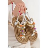 HAYAT SHOES Hasır Parmak Arası Renkli Dikme Taşlı Beyaz Rahat Şık Kadın Sandalet