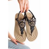 HAYAT SHOES Hasır Parmak Arası Siyah Pırlanta Tokalı Kadın Sandalet