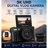 Hayat Store 5k 75MP 18X Zoom Flaşlı 3” Flip Ekranlı Türkçe 32GB Kart Dijital Vlog Fotoğraf Makinesi Lens Hediyeli