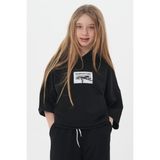 Haykids Kız Çocuk Siyah Yazılı Baskılı Kısa Kollu Kapüşonlu Sweatshirt ve Geniş Paça Eşofman Altı Ikili Takım - 8 Yaş