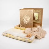 Hayrat Neşriyat Şal + Seccade + Tesbih + Kuran Hediye Seti (Orta B. Şems Lafzatullah Gold Pleksi Raşel Kutu, Gold)