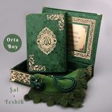 Hayrat Neşriyat Şal + Tesbih + Kuran Hediye Seti (Orta Boy, ŞemsLafzatullah, Gold Pleksi, Raşel Kutu, Yeşil)