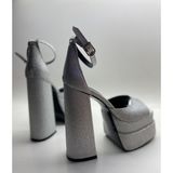 Hayy Shoes Gümüş Kum Simli Bilekten Bağlamalı Çift Platform Topuklu Sandalet - Gümüş - Sim