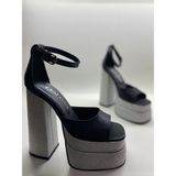 Hayy Shoes Siyah Saten-Gümüş Kum Simli Bilekten Bağlamalı Çift Platform Topuklu Sandalet - Siyah - Gümüş Simli