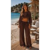 HAZAL KAYA ATELIER Kahve Lux Şifon Kumaş Bluz ve Pantolon Plaj Giyim 2’li Takım S/M