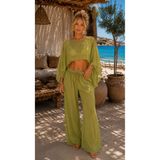 HAZAL KAYA ATELIER Yeşil Lux Şifon Kumaş Bluz ve Pantolon Plaj Giyim 2’li Takım L/XL