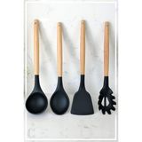 Hazarpazar Bambu Saplı Silikon Kaşık & Kepçe & Spatula & Spagetti 4'lü Set-Siyah