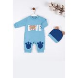 Hazego Love Bear Nakışlı % 100 Pamuk Erkek Bebek Tulumu - Mavi