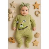 Hazego Pretty Dog Nakışlı Bandanalı % 100 Pamuk Kız Bebek Tulumu - Yeşil