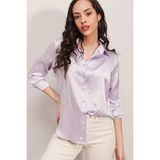 Hazelin Kadın Açık Lila Hafif Dökümlü Saten Yüzeyli Gömlek HZL22W-BD139641 - 50