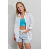 Hazelin Kadın Beyaz Oversize Yandan Yırtmaçlı Ip Büzgülü Gömlek HZL23W-BD1201321 - 36