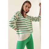 Hazelin Kadın Beyaz Yeşil Çizgili Polo Yaka Crop Triko Kazak HZL23W-BD1100841 - Standart
