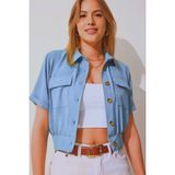 Hazelin Kadın Buz Mavi Cepli Düğmeli Kısa Kollu Yazlık Crop Gömlek Ceket HZL22S-BD106631 - 46