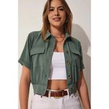 Hazelin Kadın Haki Cepli Düğmeli Kısa Kollu Yazlık Crop Gömlek Ceket HZL22S-BD106631 - 44