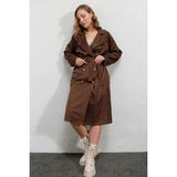 Hazelin Kadın Kahverengi Kruvaze Yaka Kemerli Astarsız Mevsimlik Rahat Trençkot HZL22S-BD158531 - 40