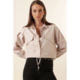 Hazelin Kadın Krem Kısa Balon Kollu Crop Ceket HZL23W-BD110311 Deri Cep Detaylı - 40
