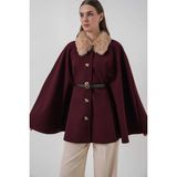 Hazelin Kadın Mürdüm Yakası Kürklü Düğmeli Kemerli Kaşe Panço HZL25W-BD191651 - Standart - Bordo