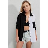 Hazelin Kadın Siyah Beyaz Renk Bloklu Oversize Poplin Basic Gömlek HZL22S-BD1201161 - 38 - Beyaz - Siyah