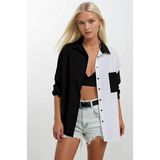 Hazelin Kadın Siyah Beyaz Renk Bloklu Oversize Poplin Basic Gömlek HZL22S-BD1201161 - 40 - Beyaz - Siyah