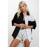 hazelin Kadın Siyah Beyaz Renk Bloklu Poplin Basic Gömlek Hzl22s-bd1201161
