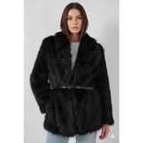Hazelin Kadın Siyah Kemer Detaylı Astarlı Peluş Kürk Mont HZL25W-BD191561 - 40