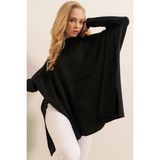 Hazelin Kadın Siyah Oversize Yırtmaçlı Panço Triko Kazak HZL23W-BD1100761 - Standart