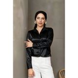 hazelin Kadın Siyah Tesettür Küçük ve Büyük Bedenler Hafif Dökümlü Saten Yüzeyli Gömlek HZL25W-BD139641