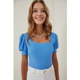 hazelin Kadın Yeni Mavi Kare Yaka Örme Bluz HZL22W-BD104091