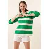 Hazelin Kadın Yeşil Çizgili Polo Yaka Fermuarlı Oversize Triko Kazak HZL23W-BD145121 - Standart