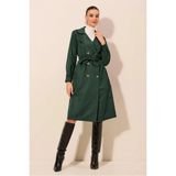 Hazelin Kadın Zümrüt Kruvaze Yaka Kemerli Astarsız Mevsimlik Rahat Trençkot HZL22S-BD158531 - Zümrüt Yeşili - 34